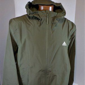adidas Essentials Men's RAIN.RDY Focus Olive Hooded Jacket Waterproof Size XXL